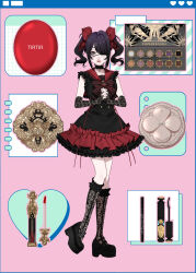 Rule 34 | 1girl, alternate costume, ame-chan (needy girl overdose), black choker, black dress, black eyeshadow, black footwear, black gloves, black hair, black nails, black socks, bow, brooch, choker, collared dress, commentary request, compact (cosmetics), cosmetics, cross, cross choker, dress, eyepatch, eyeshadow, eyeshadow box, frilled dress, frilled socks, frills, full body, gloves, grey eyes, hair bow, hair ornament, hair over one eye, hands up, heart, highres, interlocked fingers, jewelry, kneehighs, lace, lace gloves, lace socks, lipstick tube, looking at viewer, makeup, maou (demonlord), mascara wand, nail polish, needy girl overdose, own hands together, pink background, platform footwear, red bow, red eyeshadow, red lips, red sailor collar, sailor collar, shoes, socks, solo, standing, striped bow, twintails, window (computing), x hair ornament