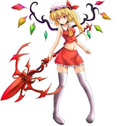 Rule 34 | 1girl, alternate weapon, alternate wings, ascot, bad id, bad pixiv id, blonde hair, boots, embodiment of scarlet devil, female focus, flandre scarlet, hat, laevatein, lowres, midriff, open mouth, polearm, red eyes, shirt, side ponytail, skirt, skirt set, sleeveless, sleeveless shirt, solo, spear, sumapan, thigh boots, thighhighs, touhou, transparent background, weapon, white thighhighs, wings, zettai ryouiki