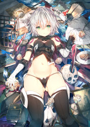 Rule 34 | 1girl, bandaged arm, bandages, bird, black panties, black thighhighs, breasts, crow, dagger, facial scar, fate/apocrypha, fate/grand order, fate (series), flower, gloves, gluteal fold, green eyes, hair between eyes, jack the ripper (fate/apocrypha), knife, lantern, looking at viewer, lowleg, lowleg panties, lying, on back, panties, revision, rose, scar, scar across eye, scar on cheek, scar on face, short hair, shoulder tattoo, silver hair, single glove, skull, small breasts, solo, sune (mugendai), tattoo, thighhighs, underwear, weapon, white flower, white rose