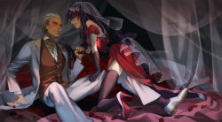 Rule 34 | 1boy, 1girl, alternate costume, archer (fate), arm support, assertive female, bare shoulders, black bow, black gloves, black hair, black thighhighs, blue eyes, blush, bow, brown necktie, brown vest, carrot (supercarrot), clenched teeth, collared shirt, curtains, dark-skinned male, dark skin, detached sleeves, dress, dress shirt, eye contact, fate/stay night, fate (series), flower, formal, frills, gloves, hair ribbon, hand on another&#039;s thigh, hetero, high heels, holding another&#039;s wrist, jacket, kneeling, lipstick, long hair, long sleeves, looking at another, makeup, necktie, necktie grab, neckwear grab, on bed, orange eyes, petals, puffy sleeves, pulling, pulling another&#039;s clothes, red dress, red flower, red lips, red ribbon, ribbon, sash, see-through, shirt, shoes, sitting, smile, striped clothes, striped dress, suit, teeth, thighhighs, tohsaka rin, undone necktie, veil, vertical-striped clothes, vertical-striped dress, vest, white footwear, white hair, white jacket, white shirt, white thighhighs