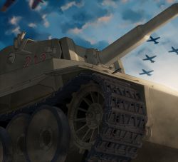 Rule 34 | aircraft, bf 109, blew andwhite, caterpillar tracks, cloud, commentary request, emblem, evening, girls und panzer, highres, military, military vehicle, motor vehicle, no humans, sky, sunlight, tank, tiger i, vehicle focus