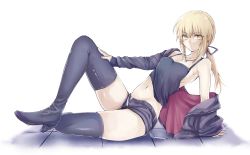 Rule 34 | 1girl, arm support, artoria pendragon (all), artoria pendragon (fate), black footwear, black shorts, black thighhighs, blonde hair, blue ribbon, boots, breasts, camisole, closed mouth, fate/stay night, fate (series), full body, hair between eyes, hair ribbon, high heel boots, high heels, hood, hoodie, long hair, looking at viewer, medium breasts, navel, nekoperon, open clothes, open hoodie, ponytail, ribbon, saber (fate), saber alter, saber alter (ver. shinjuku 1999) (fate), short shorts, shorts, sidelocks, sitting, solo, thighhighs, thighs, tile floor, tiles, yellow eyes