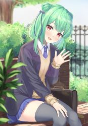 Rule 34 | 1girl, :d, absurdres, black jacket, blue bow, blue necktie, blue skirt, blurry, blurry background, blurry foreground, bow, collared shirt, day, double bun, green hair, grey thighhighs, hair bow, hair bun, highres, hololive, jacket, long hair, long sleeves, looking at viewer, miniskirt, necktie, open clothes, open jacket, open mouth, outdoors, pleated skirt, primamiya, red eyes, school uniform, shirt, sitting, skirt, smile, solo, sweater, thighhighs, uruha rushia, virtual youtuber, white shirt, wing collar, yellow sweater, zettai ryouiki