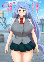 Rule 34 | 1girl, blue hair, blush, boku no hero academia, breath, closed mouth, hadou nejire, highres, hypnosis, instant loss, legs together, long hair, mind control, necktie, school uniform, skirt, smile, solo, standing, translated, trembling, yamaori