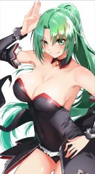 Rule 34 | 1girl, angel mort, arm up, bare shoulders, black leotard, blush, breasts, choker, cleavage, closed mouth, commentary request, covered navel, cowboy shot, detached collar, detached sleeves, eyes visible through hair, fingernails, green eyes, green hair, hand on own hip, high ponytail, highres, higurashi no naku koro ni, ice reizou, large breasts, leotard, long hair, long sleeves, looking at viewer, parted bangs, ponytail, shiny skin, sidelocks, simple background, smile, solo, sonozaki mion, standing, strapless, strapless leotard, uneven eyes, very long hair, white background