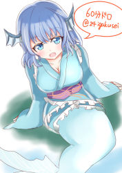 Rule 34 | 1girl, :d, blue eyes, blue hair, fins, frilled kimono, frills, head fins, igayan, japanese clothes, kimono, mermaid, monster girl, open mouth, short hair, sitting, smile, speech bubble, touhou, twitter username, wakasagihime
