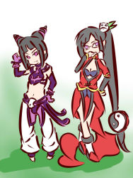 Rule 34 | 2girls, arc system works, black hair, blazblue, blazblue: calamity trigger, breasts, capcom, chinese clothes, cleavage, crossover, detached sleeves, elbow gloves, fingerless gloves, glasses, gloves, han juri, lao jiu, litchi faye ling, long hair, midriff, multiple girls, mumu (spitfire), navel, panda, pants, purple eyes, short twintails, side ponytail, spiked hair, street fighter, street fighter iv (series), twintails, yin yang
