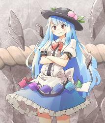 Rule 34 | 1girl, arnest, back bow, black hat, blouse, blue hair, blue skirt, bow, center frills, closed mouth, collared shirt, cowboy shot, crossed arms, food, frilled skirt, frills, fruit, hat, hinanawi tenshi, keystone, long hair, looking to the side, peach, puffy short sleeves, puffy sleeves, red bow, red eyes, red neckwear, rope, shimenawa, shirt, short sleeves, skirt, smirk, smug, solo, standing, touhou, v-shaped eyebrows, white bow, white shirt, wing collar
