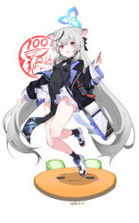 Rule 34 | 1girl, absurdres, animal ears, black coat, black dress, blue archive, bow, china dress, chinese clothes, coat, dress, frilled skirt, frills, full body, gradient hair, grey hair, hair between eyes, hair bow, hair ribbon, halo, highres, kokona (blue archive), long hair, long sleeves, looking at viewer, low twintails, multicolored hair, open clothes, open coat, orange eyes, parted lips, pelvic curtain, ribbon, shoes, side slit, sidelocks, simple background, skirt, sleeveless, sneakers, solo, streaked hair, tiger ears, tiger girl, twintails, two-tone hair, white background, white skirt, you guo chaocai