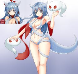 Rule 34 | 1girl, 2others, asymmetrical bangs, bikini, blue hair, breasts, cleavage, clothing request, cowboy shot, derivative work, detached sleeves, drawfag, hair between eyes, highres, large breasts, long hair, looking at viewer, micro bikini, monster, multiple others, navel, original, red eyes, red neckwear, red scarf, red sleeves, reference photo, reference work, revealing clothes, scarf, shiny skin, short sleeves, smile, swimsuit, tail, tareme, waifulabs
