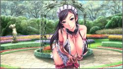 Rule 34 | 1girl, artist request, black hair, breasts, character request, female focus, flower, garden, huge breasts, long hair, looking at viewer, maid, maid headdress, presenting, scenery, sexy dress, shino (comic penguin club), solo, statue