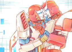 Rule 34 | 2boys, autobot, blue eyes, eye contact, holding hands, looking at another, multiple boys, oceanapril, pharma, ratchet (transformers), simple background, the transformers (idw), transformers, upper body, yaoi