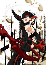 Rule 34 | 10s, 1girl, absurdres, atama c, bad id, bad pixiv id, black hair, blue eyes, boots, bouncing breasts, breasts, fighting stance, floating rocks, ground shatter, highres, kill la kill, large breasts, matoi ryuuko, microskirt, multicolored hair, open mouth, pleated skirt, red hair, revealing clothes, scissor blade (kill la kill), senketsu, short hair, skirt, solo, sunrise stance, thigh boots, thighhighs, two-tone hair, unaligned breasts, underboob, weapon
