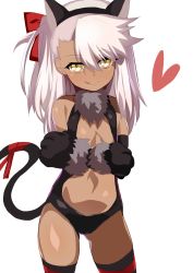 Rule 34 | 1girl, :p, absurdres, animal ears, animal hands, bad id, bad twitter id, black leotard, black thighhighs, cat ears, cat tail, center opening, chloe von einzbern, commentary request, crossed arms, dangeroes beast (illya), dark-skinned female, dark skin, detached sleeves, fake animal ears, fate/kaleid liner prisma illya, fate (series), flat chest, gloves, heart, highres, leotard, long hair, naughty face, no navel, paw gloves, pink hair, ribbon, shimejinameko, simple background, smile, solo, tail, thighhighs, tongue, tongue out, white background, yellow eyes