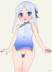 Rule 34 | 10s, 1girl, :o, bad id, bad nijie id, bare arms, bare shoulders, blue eyes, blue hair, blush, breasts, bun cover, cameltoe, china dress, chinese clothes, commentary request, dress, eyes visible through hair, future card buddyfight, gluteal fold, hair bun, long hair, looking at viewer, maebari, moyori, no panties, short dress, simple background, single hair bun, small breasts, solo, sweatdrop, thigh gap