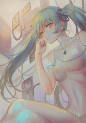 Rule 34 | 1girl, 2017, absurdres, bad id, bad pixiv id, bodysuit, breasts, dated, green eyes, green hair, hatsune miku, highres, crossed legs, long hair, max (744275974), medium breasts, nail polish, sitting, solo, twintails, vocaloid