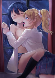 Rule 34 | 10s, 2girls, arched back, ayase eli, back, backlighting, bare shoulders, between legs, black socks, blonde hair, blue eyes, blue hair, blue skirt, blurry, blush, breasts, closed eyes, closed mouth, collarbone, collared shirt, convenient leg, curtains, depth of field, hair between eyes, hair ornament, hair scrunchie, holding another&#039;s wrist, kneehighs, leaning forward, licking, licking another&#039;s neck, long hair, long sleeves, love live!, love live! school idol project, medium breasts, miniskirt, motokonut, multiple girls, night, night sky, no bra, off shoulder, open clothes, open mouth, open shirt, pleated skirt, ponytail, school uniform, scrunchie, shirt, sitting, skirt, sky, small breasts, socks, sonoda umi, star (sky), starry sky, tongue, tongue out, white shirt, window, yuri