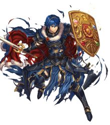 Rule 34 | 1boy, armor, armored boots, blue eyes, blue hair, boots, broken armor, cape, clenched teeth, falchion (fire emblem), fingerless gloves, fire emblem, fire emblem: mystery of the emblem, fire emblem heroes, full body, fur trim, gloves, highres, holding, holding shield, holding sword, holding weapon, izuka daisuke, jewelry, male focus, marth (fire emblem), nintendo, non-web source, official art, parted lips, sheath, shield, short sleeves, shoulder armor, shoulder pads, solo, sword, teeth, tiara, torn clothes, transparent background, weapon