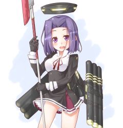Rule 34 | 10s, 1girl, blush, gloves, highres, holding, holding sword, holding weapon, kantai collection, looking at viewer, miiyon, mole, mole under eye, open mouth, purple eyes, purple hair, red ribbon, ribbon, smile, solo, sword, tatsuta (kancolle), weapon