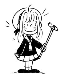 Rule 34 | 1girl, beret, cardcaptor sakura, charles schulz (style), chibi, commentary, commission, dawn (paper dawn), english commentary, full body, fuuin no tsue, hat, high collar, holding, holding wand, kinomoto sakura, looking at viewer, monochrome, peanuts (comic), pleated skirt, sailor collar, school uniform, short hair, simple background, skirt, smile, solo, standing, tomoeda elementary school uniform, wand, white background