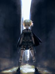 Rule 34 | &gt;:), 1girl, absurdres, alley, arms at sides, backlighting, belt, black cape, black footwear, black necktie, black skirt, black vest, blonde hair, bolt action, breasts, cape, closed mouth, collared shirt, commentary request, corset, day, dual wielding, full body, girls&#039; frontline, green eyes, grey socks, gun, handgun, hara shoutarou, highres, holding, holding gun, holding weapon, holster, integral suppressor, integrally-suppressed firearm, kneehighs, legs apart, looking at viewer, manual firearm, mary janes, miniskirt, necktie, outdoors, pinstripe pattern, pinstripe vest, pleated skirt, scenery, shirt, shoes, short hair, skirt, sleeves rolled up, small breasts, smile, socks, solo, standing, striped, suppressor, thigh holster, thigh strap, two side up, vest, weapon, welrod, welrod mk ii, welrod mkii (girls&#039; frontline), white shirt, wing collar