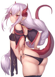 Rule 34 | 1girl, ass, bare shoulders, bikini, black bikini, black thighhighs, braid, braided ponytail, breasts, butt crack, clothing cutout, cowboy shot, dragon girl, from behind, from side, horns, ibuki notsu, leaning forward, lizard tail, long hair, looking at viewer, looking back, melusine (ibuki notsu), original, panties, panty lift, parted lips, pointy ears, purple hair, shoulder cutout, simple background, single braid, small breasts, solo, standing, swimsuit, tail, thighhighs, underwear, unfinished, very long hair, white background