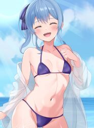 Rule 34 | 1girl, alternate costume, bikini, blue bikini, blush, breasts, closed eyes, collarbone, cowboy shot, day, eyelashes, facing viewer, fawny, hair between eyes, highres, hololive, hoshimachi suisei, long hair, micro bikini, navel, off shoulder, open mouth, outdoors, revision, see-through, see-through shirt, shadow, shiny skin, side ponytail, sidelocks, small breasts, solo, sparkle, standing, stomach, swimsuit, teeth, thighs, tongue, upper teeth only, virtual youtuber, water