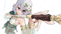 Rule 34 | 1girl, absurdres, antenna hair, detached sleeves, dress, elf, flower, green dress, grey hair, hair between eyes, hair flower, hair ornament, highres, holding, holding staff, kokkoro (princess connect!), long sleeves, looking at viewer, muchi maro, perspective, pink eyes, pointy ears, princess connect!, puffy long sleeves, puffy sleeves, see-through, see-through sleeves, short hair, single bare shoulder, sketch, sleeveless, sleeveless dress, smile, solo, staff, two-tone dress, white dress, white flower