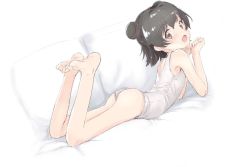Rule 34 | 1girl, akagi miria, ass, black hair, blush, couch, double bun, feet up, flat chest, hair bun, idolmaster, idolmaster cinderella girls, looking at viewer, lying, on couch, on stomach, one-piece swimsuit, ripu (lipi), smile, solo, swimsuit, the pose, white one-piece swimsuit