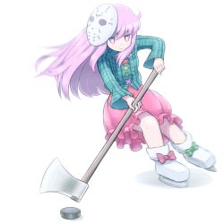 Rule 34 | 1girl, axe, footwear bow, buttons, commentary, expressionless, footwear bow, friday the 13th, hata no kokoro, hockey puck, ice skates, jitome, long hair, mask, mask on head, pink eyes, pink hair, pink skirt, plaid, plaid shirt, shirosato, shirt, simple background, skates, skirt, solo, touhou, weapon, white background