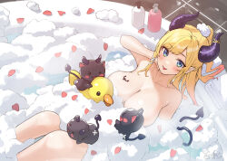 Rule 34 | &gt; &lt;, 1girl, bath, bathing, bathtub, blonde hair, blue eyes, blush stickers, breast tattoo, breasts, bubble bath, chocolat-chan (yuzuki choco), completely nude, demon girl, demon horns, demon tail, fang, heart, heart tattoo, highres, hololive, horns, large breasts, long hair, looking at viewer, nanaushi, nude, open mouth, petals, rubber duck, skin fang, smile, soap bubbles, tail, tattoo, virtual youtuber, winged heart tattoo, yuzuki choco