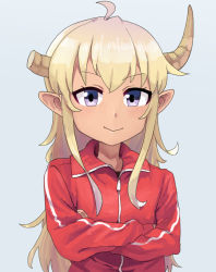 Rule 34 | 1girl, ahoge, blonde hair, blue background, blush, closed mouth, collared jacket, commentary request, cosplay, crossed arms, demon girl, demon horns, fuka (kantoku), gokusen, horns, jacket, lilith (machikado mazoku), long hair, looking at viewer, machikado mazoku, pointy ears, purple eyes, red jacket, simple background, smile, solo, track jacket, upper body, yamaguchi kumiko, yamaguchi kumiko (cosplay)