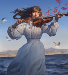 Rule 34 | 1girl, absurdres, bird wings, blurry, blurry background, bow (music), chinese commentary, clear sky, closed eyes, dress, gem, highres, holding instrument, holding violin, instrument, jewelry, liu2e3ing, long hair, mountainous horizon, music, necklace, ocean, original, petals, playing instrument, puffy sleeves, red gemstone, red lips, sky, solo, violin, white dress, wings