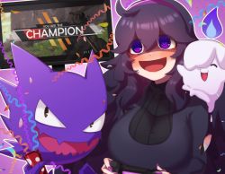 Rule 34 | 1girl, :d, @ @, ahoge, alternate breast size, apex legends, black dress, blush, breasts, commentary request, commission, creatures (company), dress, game freak, gen 1 pokemon, gen 5 pokemon, hair between eyes, hairband, haunter, hex maniac (pokemon), highres, litwick, long hair, nail polish, nintendo, npc trainer, open mouth, outline, party popper, playing games, pokemon, pokemon (creature), pokemon xy, purple eyes, purple hair, purple hairband, purple nails, skeb commission, smile, television, ushiroki