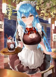 Rule 34 | 1girl, absurdres, ahoge, apron, black dress, blue hair, blush, bow, bowtie, breasts, cat cutout, cleavage, cleavage cutout, closed mouth, clothing cutout, collar, cowboy shot, drawn whiskers, dress, drinking straw, food, frilled dress, frills, half updo, hao (mwhy4538), heart, heart ahoge, highres, holding, holding tray, hololive, ice cream, large breasts, light smile, lips, long hair, maid, maid apron, maid headdress, outdoors, pointy ears, puffy short sleeves, puffy sleeves, red bow, red bowtie, short sleeves, solo, spoon, standing, tray, virtual youtuber, white apron, white collar, yellow eyes, yukihana lamy