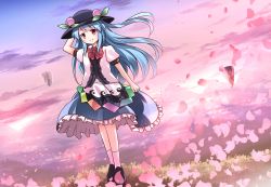 Rule 34 | 1girl, blue hair, hat, highres, hinanawi tenshi, looking at viewer, petals, red eyes, risutaru, smile, solo, touhou, wind