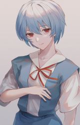 Rule 34 | 1girl, arm at side, ayanami rei, blouse, blue dress, blue hair, closed mouth, collarbone, dress, dress shirt, expressionless, eyelashes, gradient background, grey background, hair between eyes, hand on own chest, highres, looking at viewer, neck ribbon, neon genesis evangelion, pinafore dress, red eyes, red ribbon, ribbon, school uniform, shirt, short hair, short sleeves, sleeveless dress, solo, tokyo-3 middle school uniform, upper body, white shirt, yoruirooo777