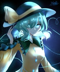 Rule 34 | 1girl, absurdres, black hat, bright pupils, closed mouth, commentary, dated, green hair, hat, hat ribbon, heart, heart of string, highres, koishi day, komeiji koishi, long sleeves, looking at viewer, ribbon, signature, smile, solo, third eye, touhou, upper body, white pupils, xen0moonz, yellow ribbon