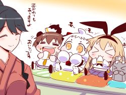 Rule 34 | &gt; &lt;, 10s, 4girls, :3, = =, abyssal ship, animal ears, barefoot, black hair, blonde hair, brown hair, check translation, closed eyes, commentary request, cushion, eating, enemy aircraft (kancolle), eyebrows, fake animal ears, food, food on face, hairband, hand to own mouth, headgear, holding, holding food, horns, houshou (kancolle), japanese clothes, kantai collection, kimono, long hair, mittens, multiple girls, neckerchief, northern ocean princess, open mouth, orange eyes, ponytail, rabbit ears, rensouhou-chan, sako (bosscoffee), sandwich, shimakaze (kancolle), short hair, sitting, sitting on head, sitting on person, smile, tasuki, translation request, white hair, x3, yukikaze (kancolle)