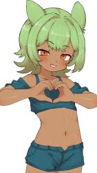 Rule 34 | 1girl, absurdres, anaruga, animal ears, blue shirt, blue shorts, blush, child, collarbone, cowboy shot, cropped shirt, dark-skinned female, dark skin, dot nose, fang, female focus, green hair, half-closed eyes, hands on own chest, heart, heart hands, highres, humotaru, looking at viewer, midriff, navel, open fly, open mouth, orange eyes, original, shirt, short hair, short shorts, short sleeves, shorts, sidelocks, simple background, solo, standing, stomach, white background