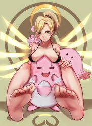 Rule 34 | 1girl, bare shoulders, barefoot, bikini, bikini top only, black bikini, blissey, blonde hair, blue eyes, blush, breast rest, breasts, breasts apart, breasts on head, chansey, collarbone, covered erect nipples, creatures (company), crossover, egg, emblem, evolutionary line, feet, fingernails, game freak, gen 1 pokemon, gen 2 pokemon, gen 4 pokemon, glowing, glowing wings, hair ornament, hair tie, halo, hand on own knee, happiny, headgear, highres, lips, logo, long fingernails, long toenails, looking at viewer, mechanical halo, mercy (overwatch), nail polish, nintendo, overwatch, overwatch 1, pantie painting, pink lips, pokemon, pokemon (creature), ponytail, sagging breasts, sitting, smile, soles, spread wings, swimsuit, teeth, toe scrunch, toenail polish, toenails, toes, wings, yellow wings