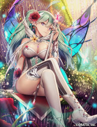 Rule 34 | 1girl, aqua hair, ass, bare shoulders, between legs, blue eyes, breasts, butterfly wings, chloris garden, cleavage, crossed legs, ear ornament, earrings, flower, hair flower, hair ornament, high heels, insect wings, jewelry, large breasts, long hair, looking at viewer, mana (remana), official art, pointy ears, sitting, solo, staff, thighhighs, twintails, white thighhighs, wings