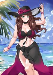 Rule 34 | 1girl, artist name, beach, blue sky, breasts, brown hair, cleavage, cloud, day, dorothea arnault, earrings, fire emblem, fire emblem: three houses, fire emblem heroes, flower, green eyes, hat, hat flower, highres, jewelry, large breasts, long hair, nintendo, oliver koito, outdoors, sarong, sky, solo, swimsuit, water