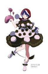 Rule 34 | 1girl, black dress, blob, blue eyes, blue hair, book, doremy sweet, dress, full body, hat, highres, matching hair/eyes, multicolored clothes, multicolored dress, namauni, nightcap, one eye closed, smile, solo, standing, standing on one leg, tail, tapir tail, touhou, white dress