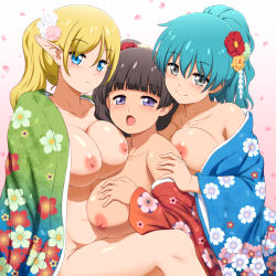Rule 34 | 3girls, alternate hairstyle, anime coloring, aqua hair, black eyes, blonde hair, blue eyes, blush, breast press, breasts, brown hair, capitan (tsyoujo), cleavage, collarbone, elf, floral print, flower, girl sandwich, hair flower, hair ornament, highres, japanese clothes, kimono, large breasts, long hair, looking at viewer, multiple girls, naked kimono, new year, nipples, no bra, no panties, open clothes, open kimono, open mouth, original, parted lips, petals, pointy ears, ponytail, purple eyes, sandwiched, sitting