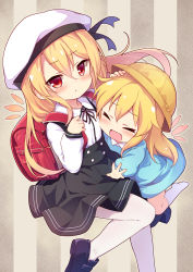 Rule 34 | 2girls, :d, :o, alternate costume, backpack, bag, baku-p, beret, black footwear, black ribbon, black skirt, blonde hair, blue shirt, blush, brown background, closed eyes, collared shirt, commentary request, dress shirt, hair between eyes, hand up, hat, highres, holding strap, kindergarten uniform, kneehighs, lily black, lily white, loafers, long hair, long sleeves, multiple girls, neck ribbon, no shoes, open mouth, pantyhose, parted lips, puffy long sleeves, puffy sleeves, randoseru, red eyes, ribbon, school hat, shirt, shoes, skirt, smile, socks, striped, striped background, suspender skirt, suspenders, touhou, vertical stripes, very long hair, white headwear, white legwear, white shirt, yellow headwear