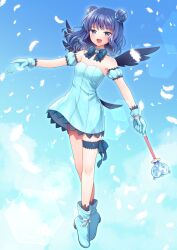 Rule 34 | 1girl, :d, aizawa mint, black socks, black wings, blue background, blue dress, blue eyes, blue footwear, blue gloves, blue hair, blue sleeves, boots, breasts, commentary request, detached sleeves, double bun, dress, feathered wings, female focus, full body, gloves, hair bun, half-closed eyes, heart, highres, holding, holding wand, long hair, magical girl, mew mint, mini wings, nakamura hinato, open mouth, puffy short sleeves, puffy sleeves, short sleeves, small breasts, smile, socks, solo, strapless, strapless dress, tokyo mew mew, wand, white wings, wings