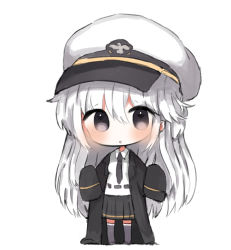 Rule 34 | 1girl, azur lane, bad id, bad pixiv id, black coat, black necktie, black skirt, black thighhighs, breasts, brown eyes, chibi, coat, collared shirt, cottontailtokki, enterprise (azur lane), full body, hair between eyes, hat, long hair, necktie, open clothes, open coat, oversized clothes, peaked cap, pleated skirt, shirt, silver hair, simple background, skirt, small breasts, solo, standing, thighhighs, very long hair, white background, white hat, white shirt