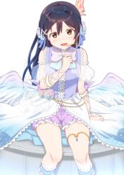 Rule 34 | 1girl, angel, angel wings, arm support, arm up, bare shoulders, blue hair, blush, butterfly hair ornament, commentary request, dress, feathered wings, flower, hair between eyes, hair flower, hair ornament, hairclip, long hair, looking at viewer, love live!, love live! school idol festival, love live! school idol project, microphone, open mouth, shorts, simple background, sitting, skull573, sleeveless, sleeveless dress, smile, solo, sonoda umi, white background, white wings, wings, x hair ornament, yellow eyes