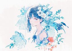 Rule 34 | 1girl, blue eyes, blue flower, blue hair, blue ribbon, blue theme, closed mouth, collarbone, flower, looking at viewer, original, painting (medium), perfectsunday, red flower, ribbon, short hair, sidelocks, solo, traditional media, watercolor (medium), white flower